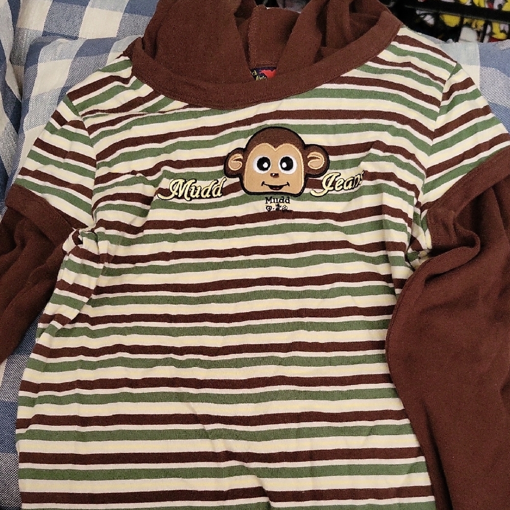 Brown and White Striped Hoodie with Monkey Design